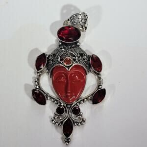 Goddess Pendant Carved Red Stone Face Sterling Silver with Garnet